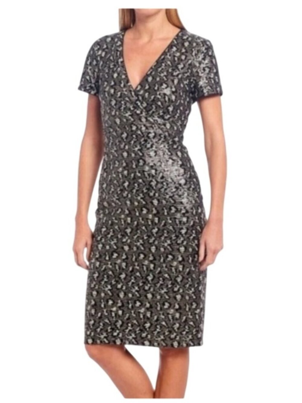 Belle By Badgley Mischka Lainey Black & Silver Sequin Sheath Dress Short Sleeve